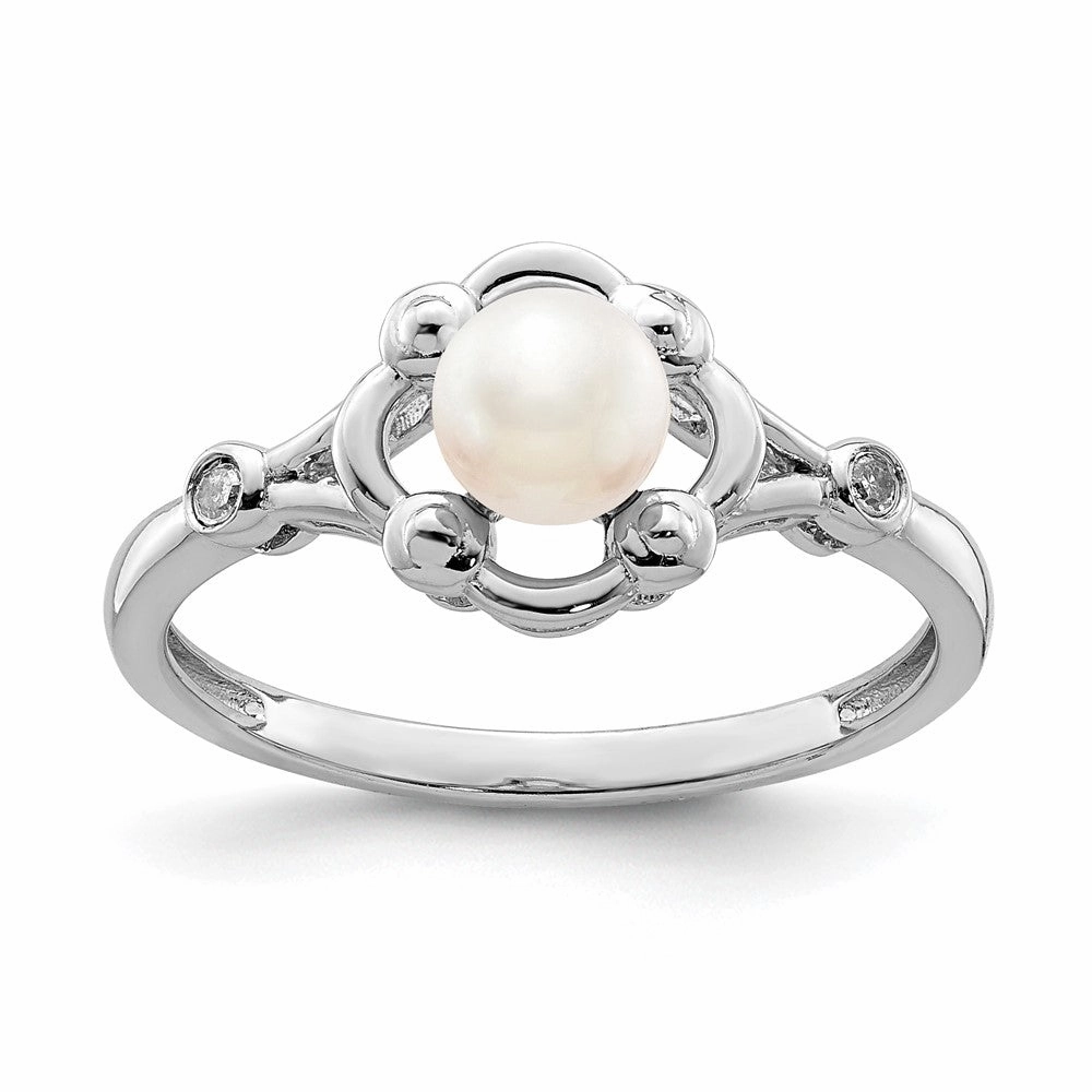 Sterling Silver Rhodium-plated FW Cultured Pearl & Diam. Ring