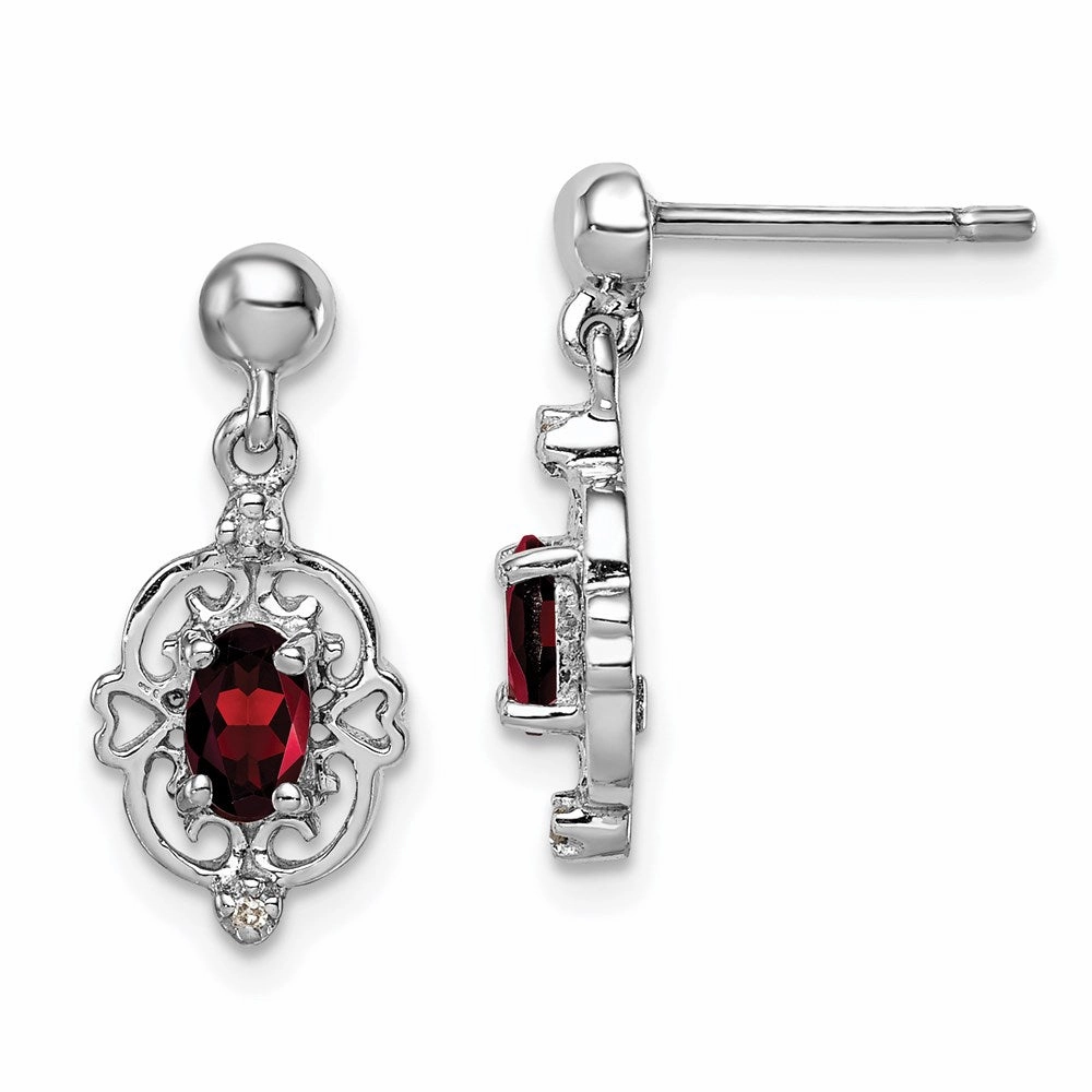 Sterling Silver Rhodium-plated Garnet and Diamond Post Earrings
