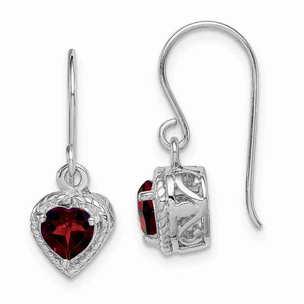 Sterling Silver Rhodium Plated Garnet Small Heart Earrings