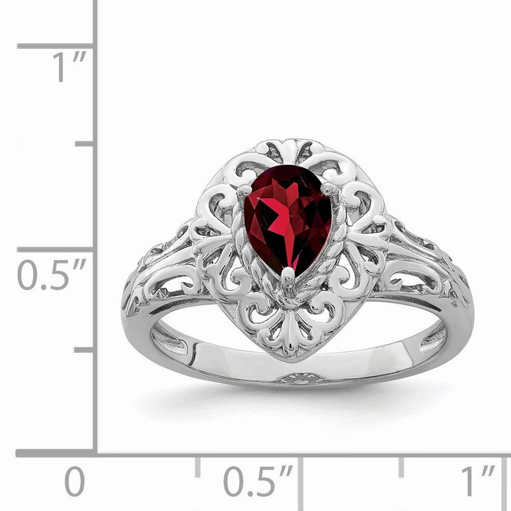 Sterling Silver Rhodium Plated Garnet Teardrop Ring