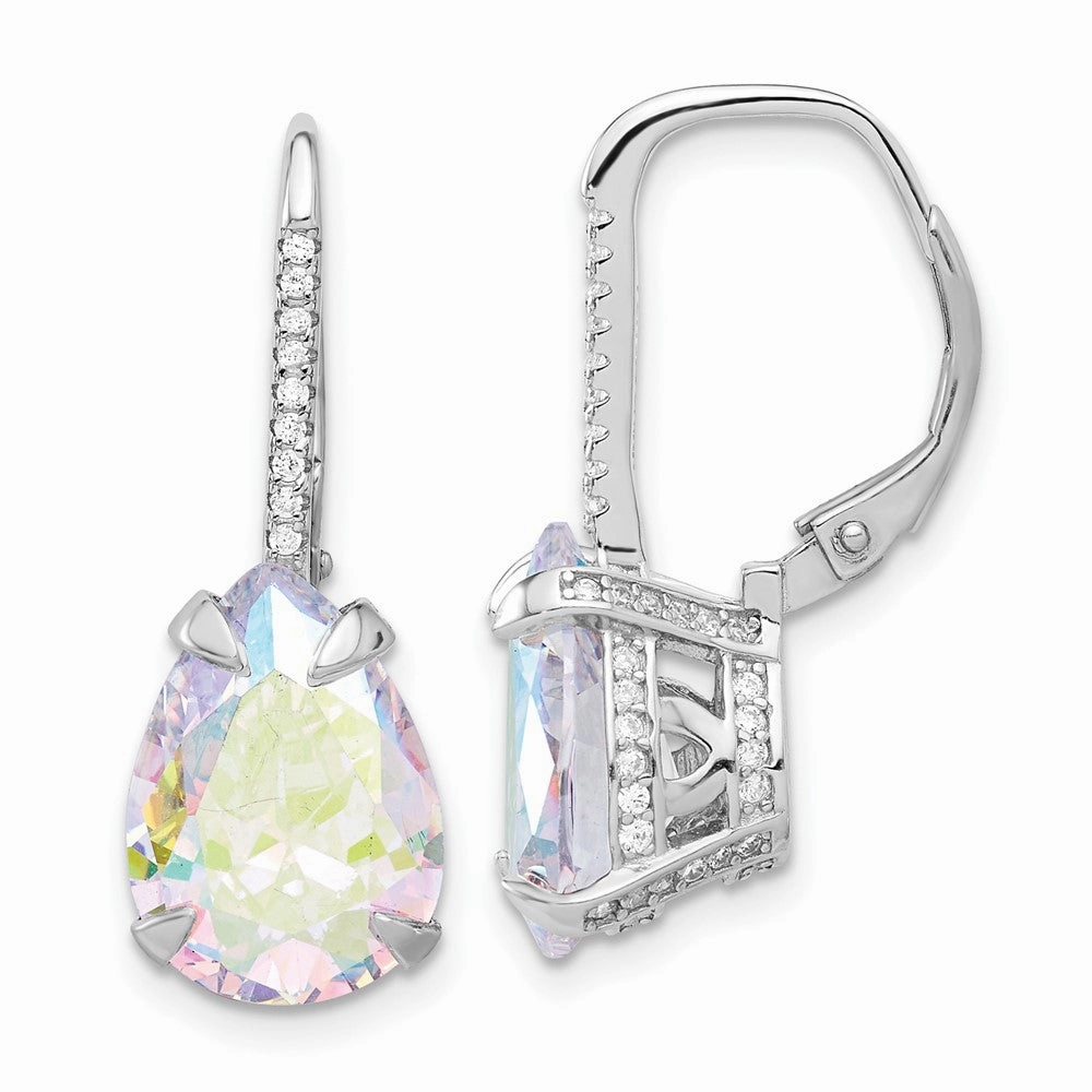Sterling Silver Rhodium-plated Pear Iridescent CZ Leverback Earrings