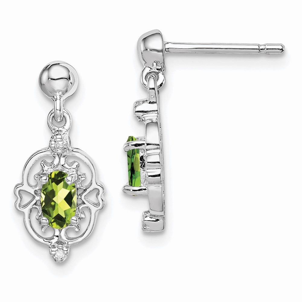 Sterling Silver Rhodium Plated Peridot and Diamond Post Earrings