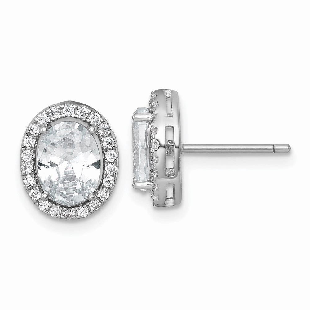 Sterling Silver Rhodium-plated Polished 11.0 x 9.0mm Oval CZ Halo Post Earrings