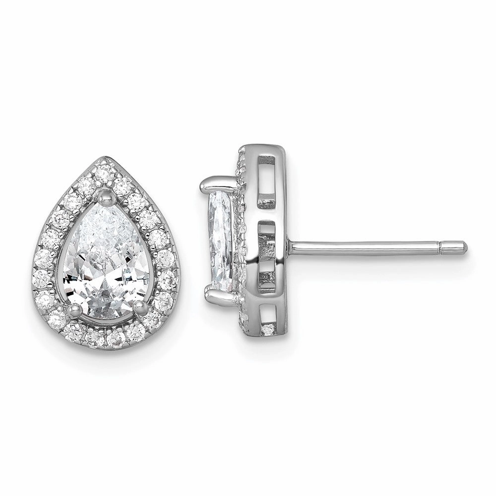 Sterling Silver Rhodium-plated Polished 11.0 x 9.0mm Pear CZ Halo Teardrop Post Earrings