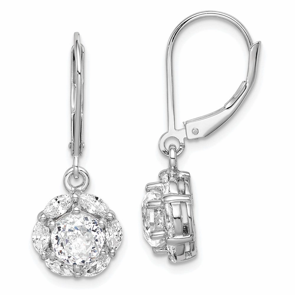 Sterling Silver Rhodium-plated Polished 6mm CZ Halo Leverback Earrings