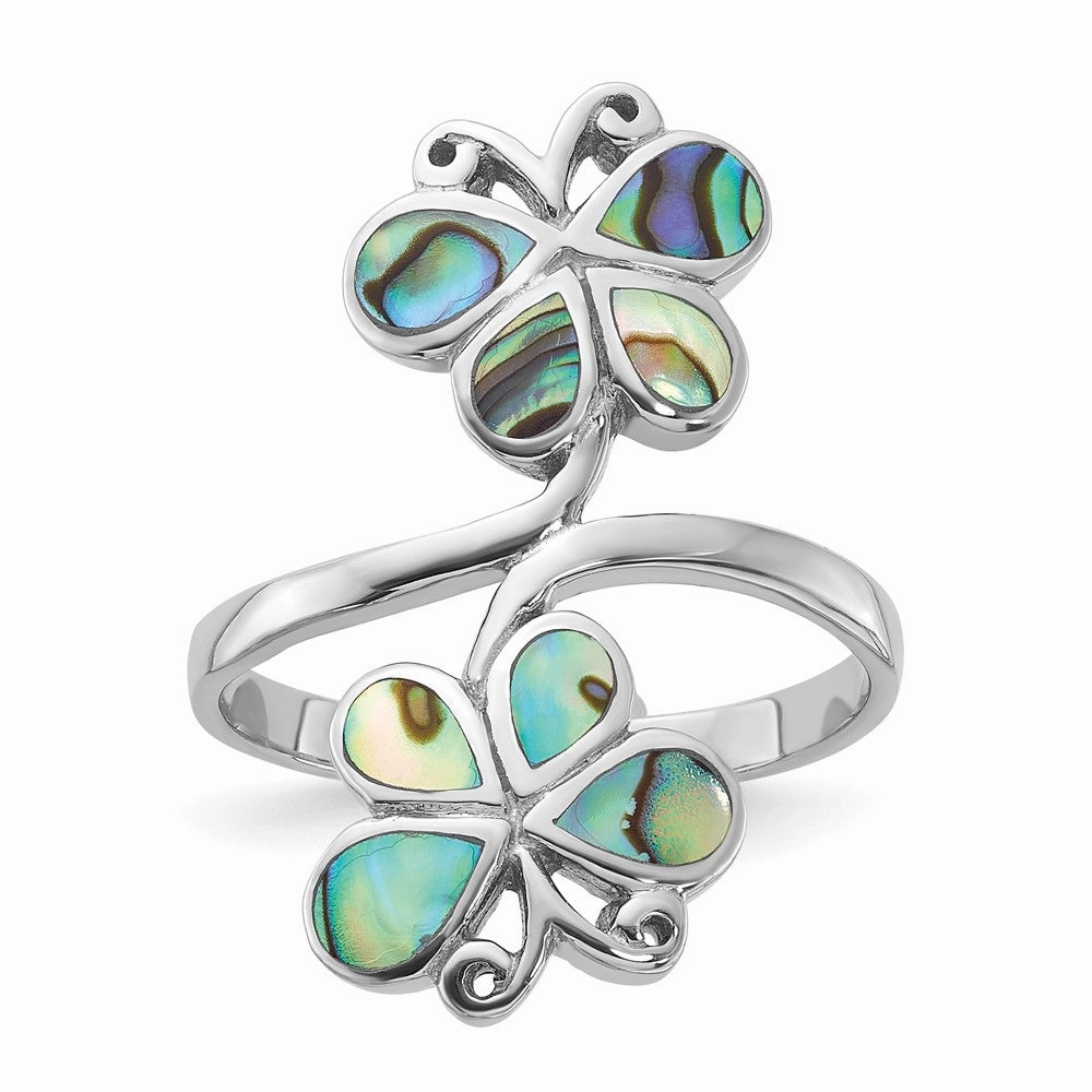 Sterling Silver Rhodium-Plated Polished Abalone Double Butterfly Ring