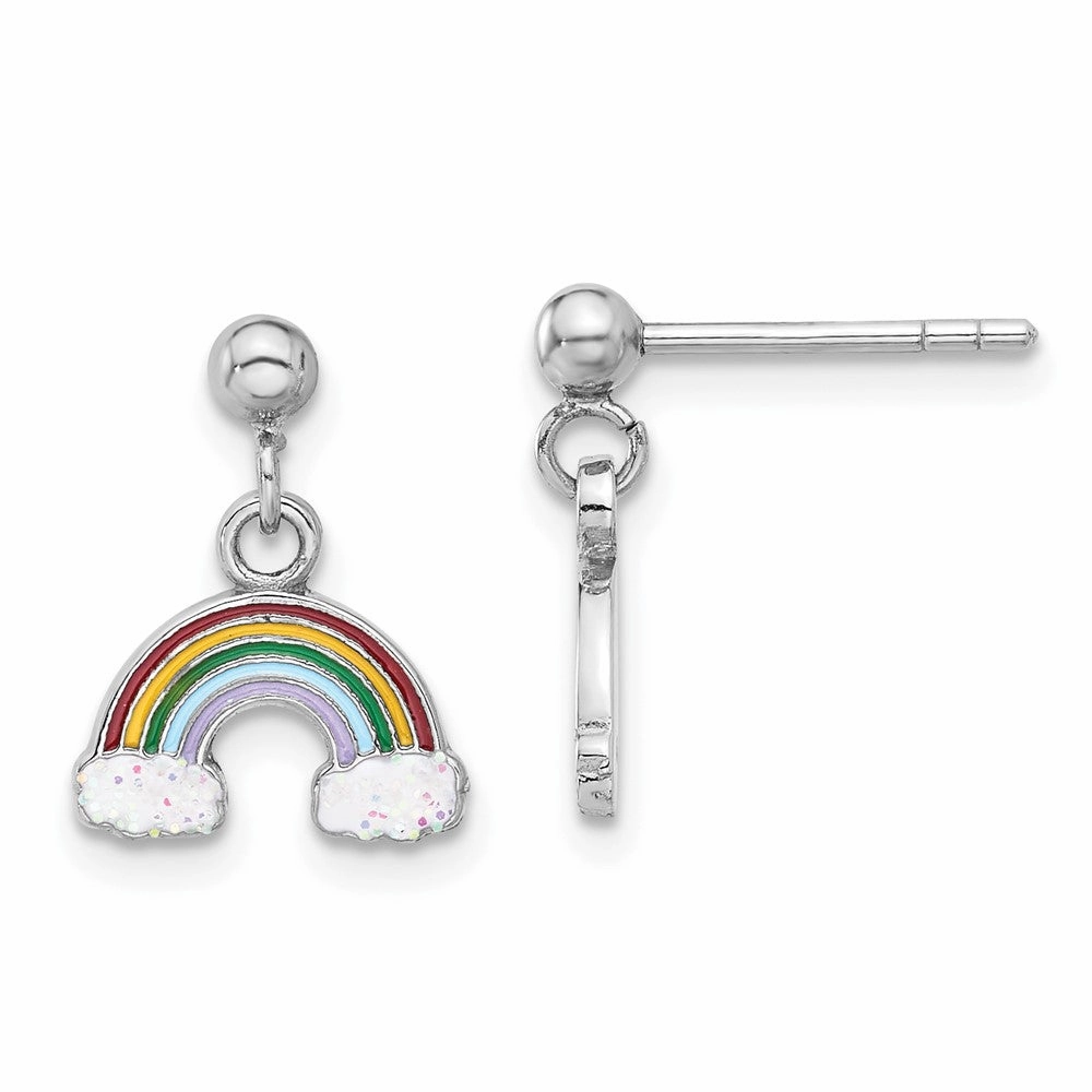 Sterling Silver Rhodium-plated Polished & Enameled w/ Glitter Rainbow Children's Post Dangle Earrings