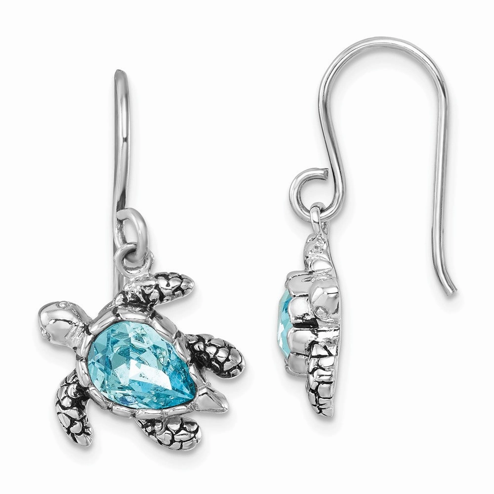 Sterling Silver Rhodium-plated Polished and Antiqued Blue Crystal Turtle Dangle Earrings