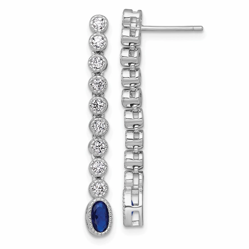 Sterling Silver Rhodium-plated Polished and Beaded Oval Blue and Round White CZ Dangle Post Earrings