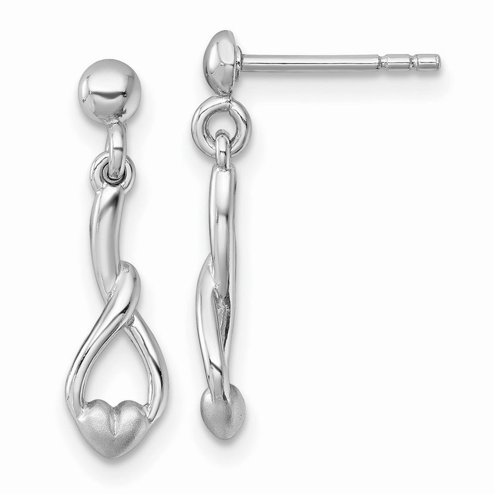 Sterling Silver Rhodium-plated Polished and Brushed Fancy Teardrop Heart Dangle Post Earrings