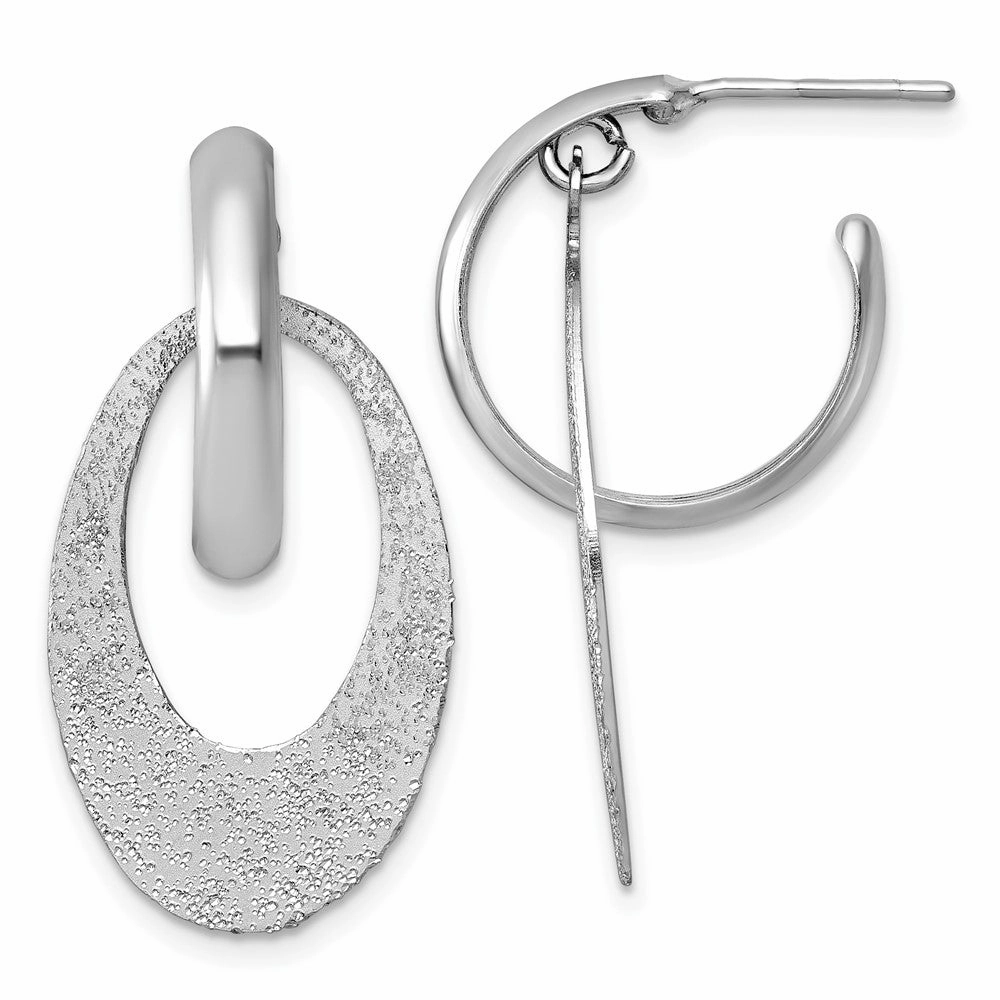 Sterling Silver Rhodium-plated Polished and Brushed Oval Dangle C-Hoop Post Earrings