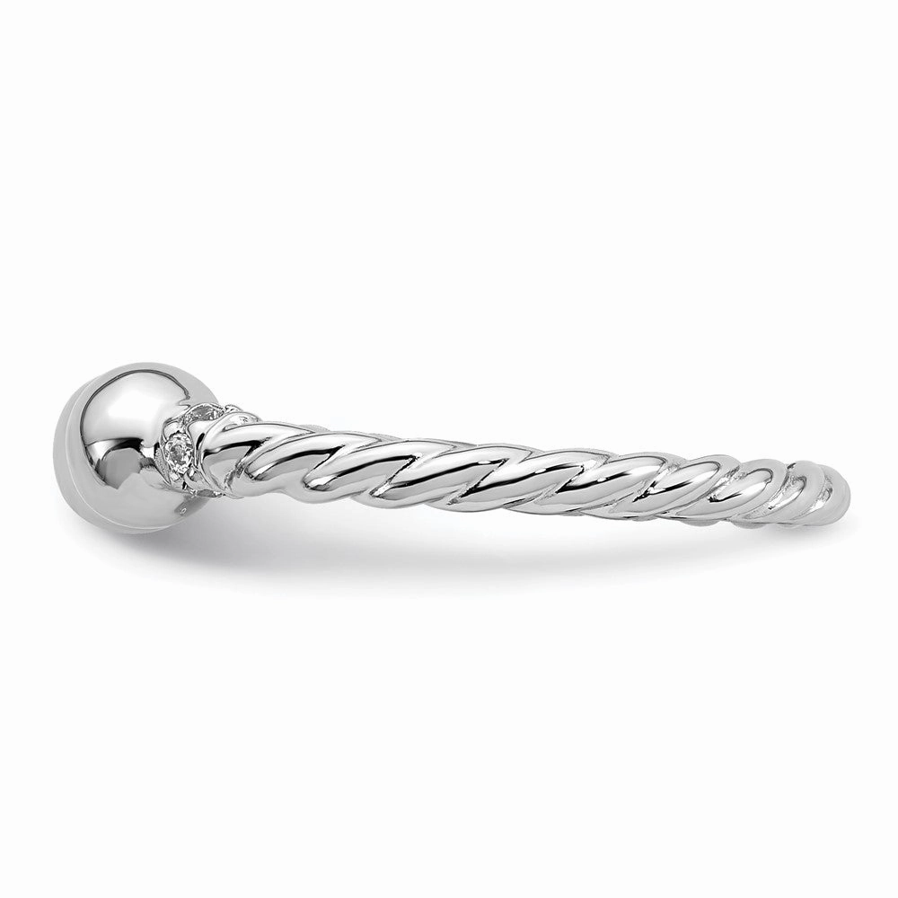 Sterling Silver Rhodium-plated Polished and Twisted CZ Ball End Size 6 Ring