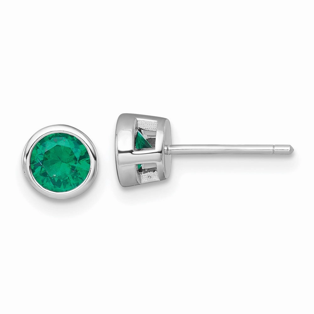 Sterling Silver Rhodium-plated Polished Bezel Set 6.2mm Round Green CZ Stud Earrings