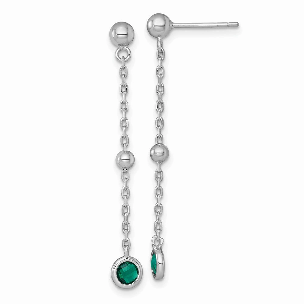 Sterling Silver Rhodium-plated Polished Bezel-set Round Green CZ Dangle Post Earrings