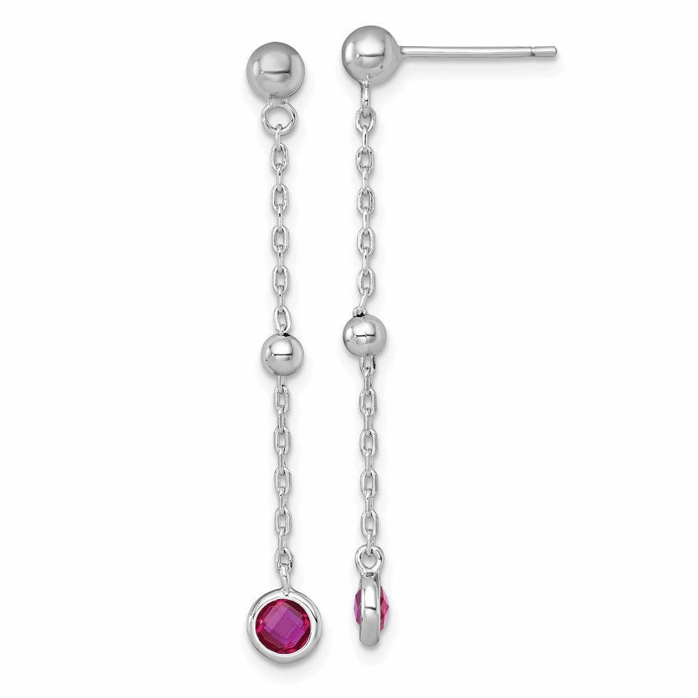 Sterling Silver Rhodium-plated Polished Bezel-set Round Red CZ Dangle Post Earrings