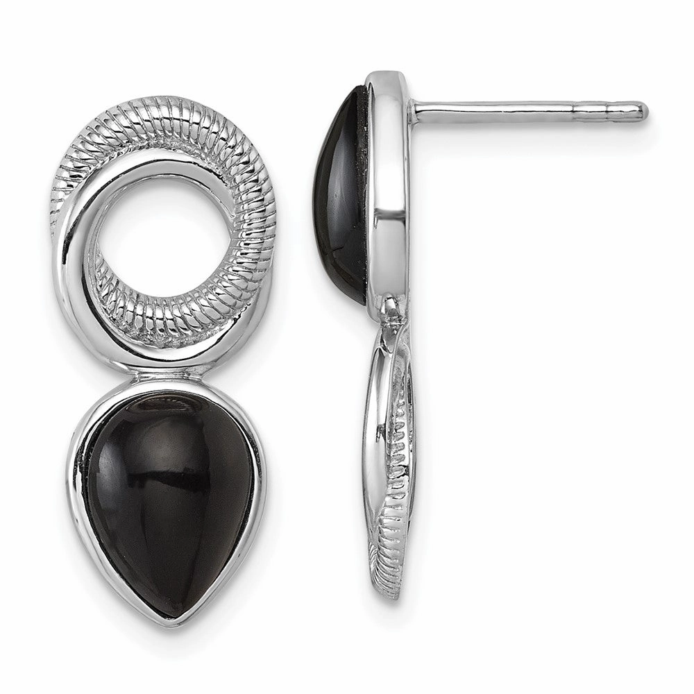 Sterling Silver Rhodium-plated Polished Black Agate Teardrop and Circle Mis-Matched Post Earrings