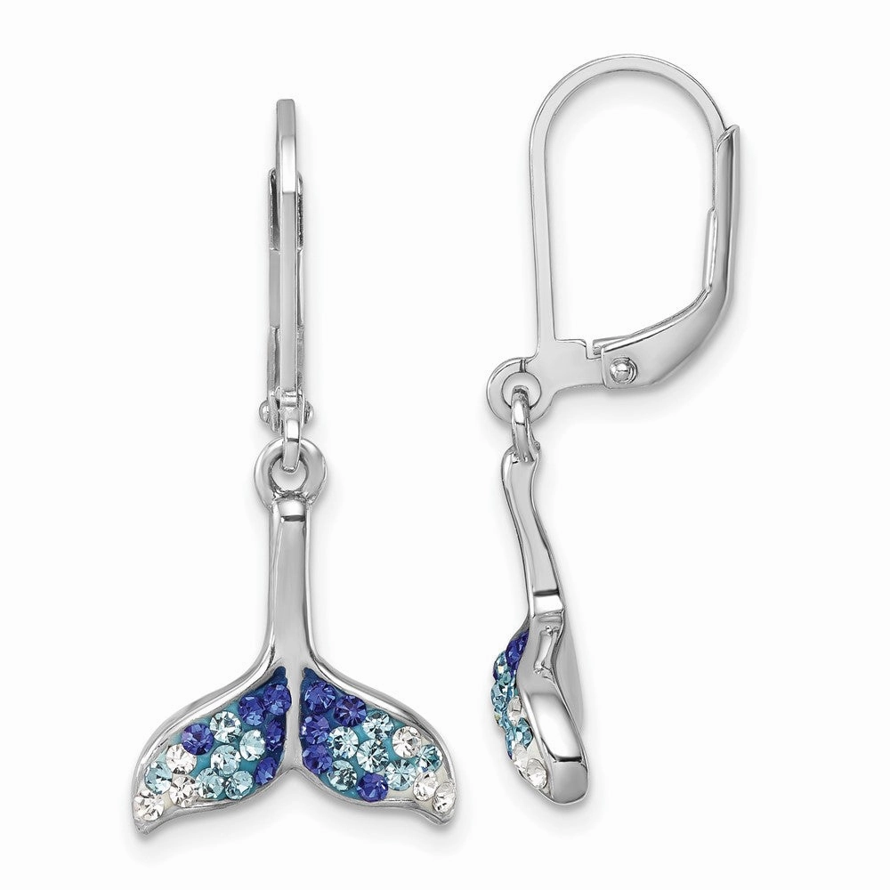 Sterling Silver Rhodium-Plated Polished Blue and White Crystal Whale Tail Dangle Leverback Earrings