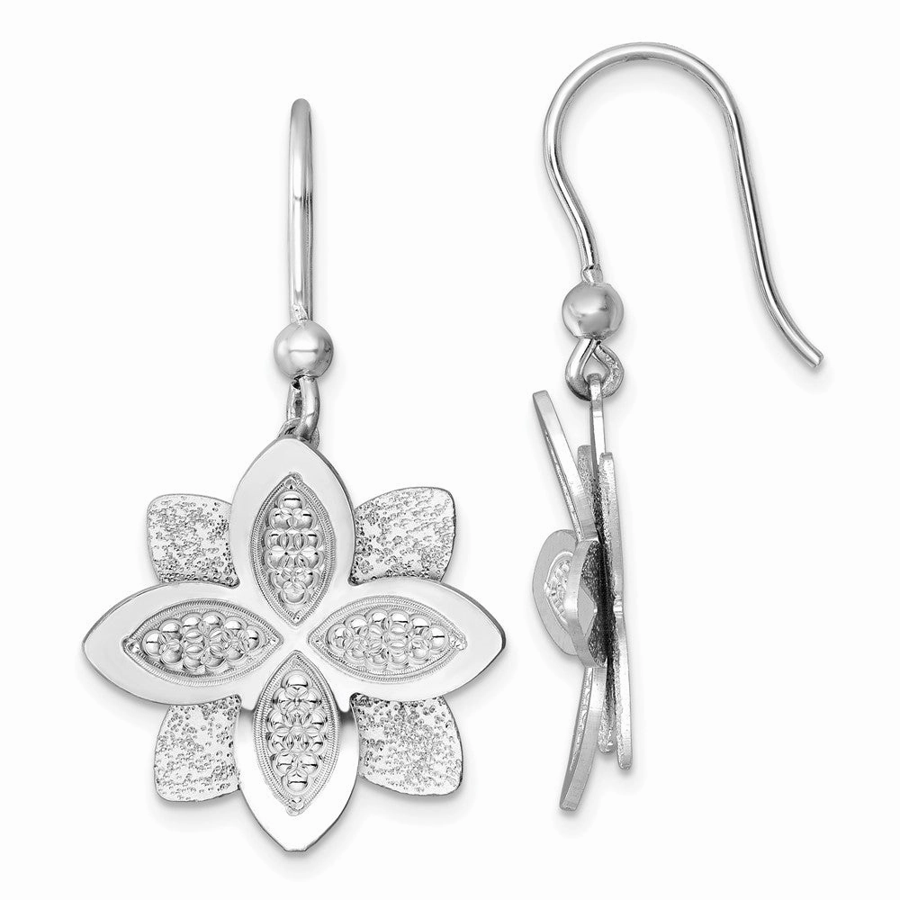 Sterling Silver Rhodium-plated Polished Brushed and Textured Flower Shepherd Hook Dangle Earrings