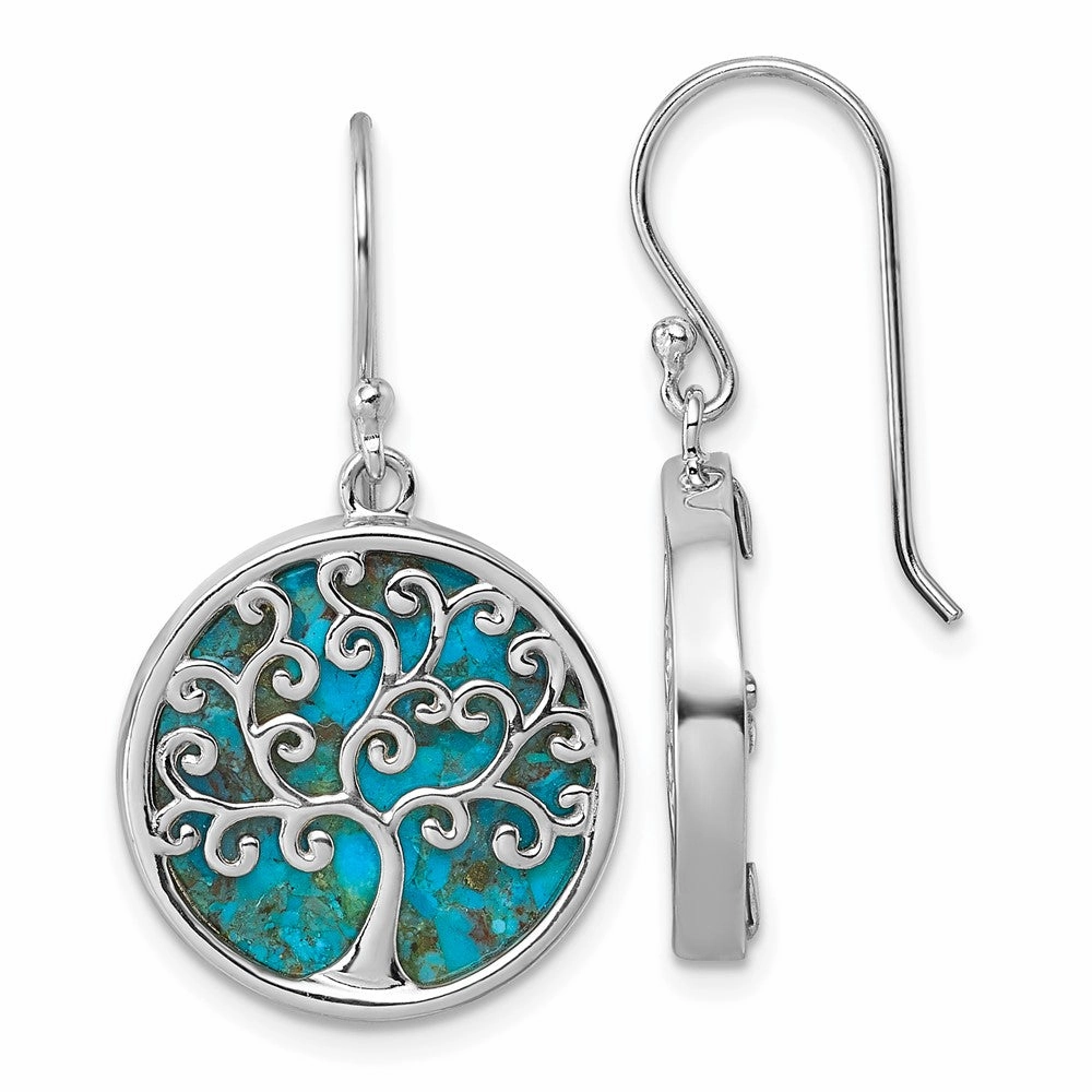 Sterling Silver Rhodium-plated Polished Compressed Turquoise Tree Of Life Shepherd Hook Earrings