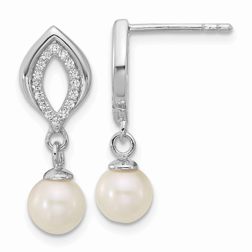 Sterling Silver Rhodium-plated Polished CZ and 5-6mm Freshwater Cultured Pearl Dangle Post Earrings