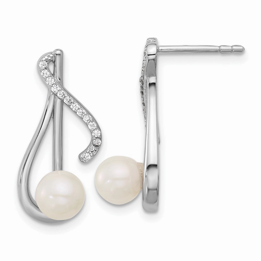 Sterling Silver Rhodium-plated Polished CZ and 5-6mm Freshwater Cultured Pearl Swirl Post Earrings