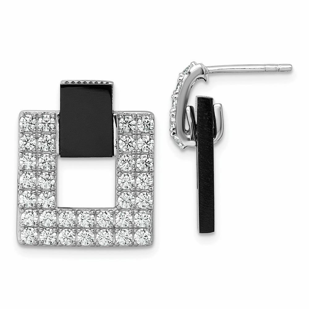 Sterling Silver Rhodium-plated Polished CZ  and Black Agate Square Dangle Mis-Matched Post Earrings