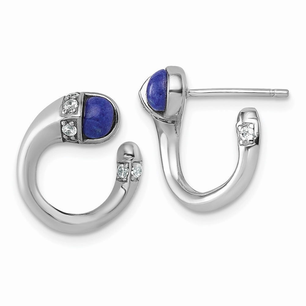 Sterling Silver Rhodium-plated Polished CZ and Lapis Cabochon Cuff Post Earrings