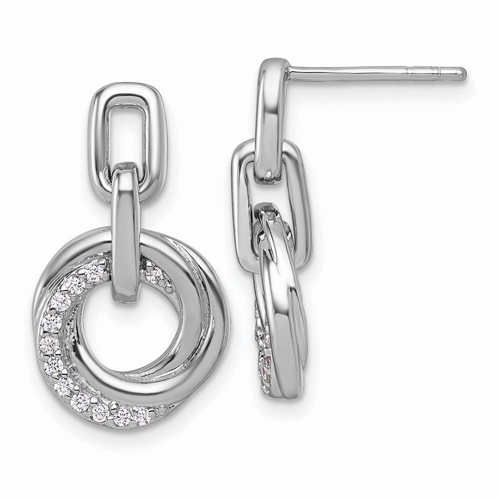 Sterling Silver Rhodium-plated Polished CZ Circle Twist Dangle Post Earrings