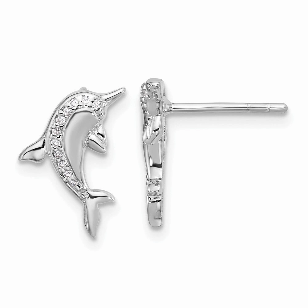 Sterling Silver Rhodium-plated Polished CZ Dolphin Post Earrings