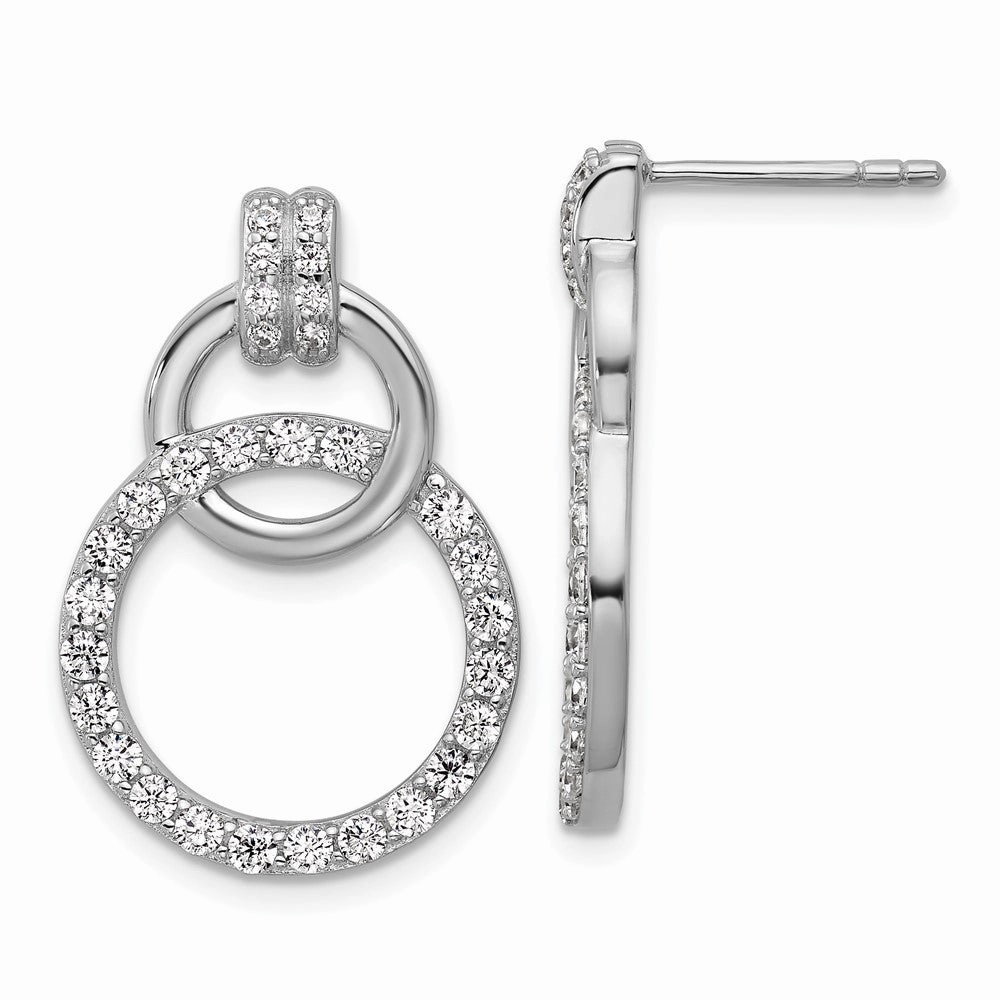 Sterling Silver Rhodium-plated Polished CZ Two Circle Dangle Post Earrings