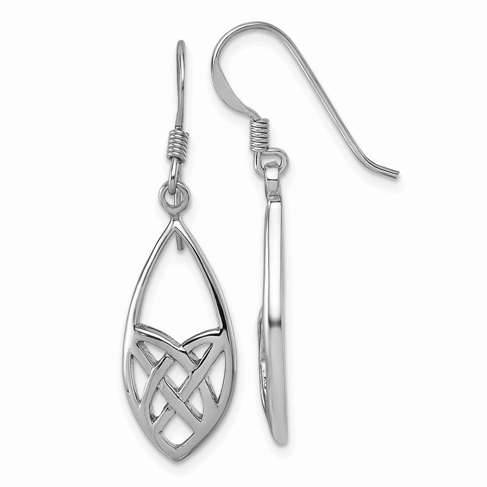 Sterling Silver Rhodium-plated Polished Fancy Celtic Design Dangle Shepherd Hook Earrings
