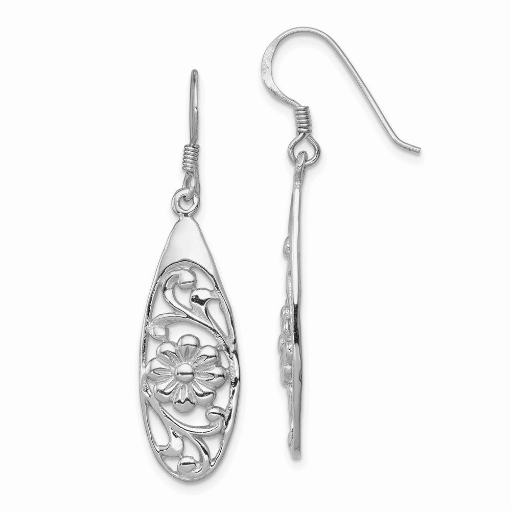 Sterling Silver Rhodium-plated Polished Fancy Flower Dangle Earrings