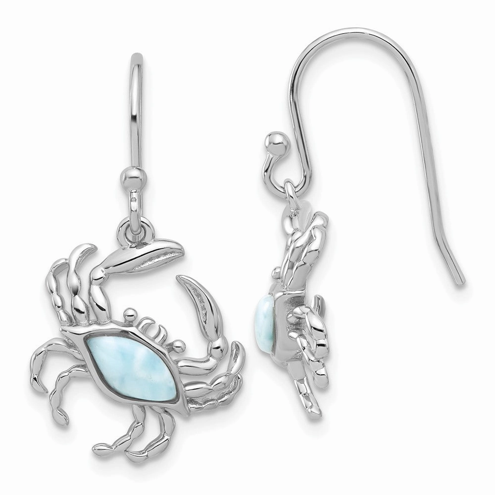 Sterling Silver Rhodium-plated Polished Larimar Crab Dangle Shepherd Hook Earrings