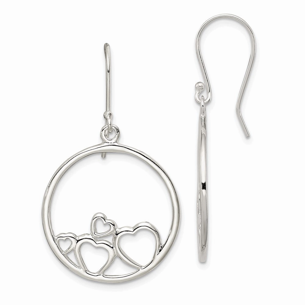 Sterling Silver Rhodium-plated Polished Open Hearts Circle Dangle Earrings