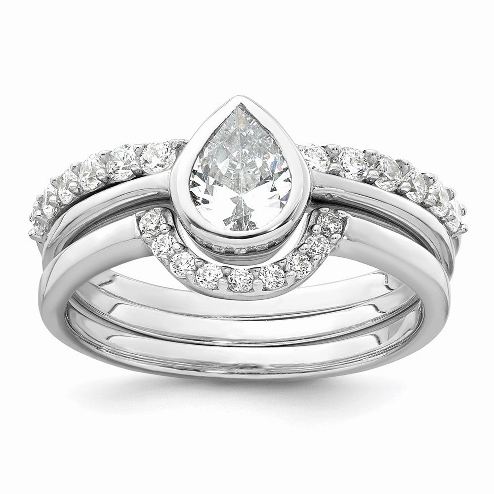 Sterling Silver Rhodium-plated Polished Pear Shape White CZ Ring with 2 Fitted CZ Bands Size 6 Three Ring Set