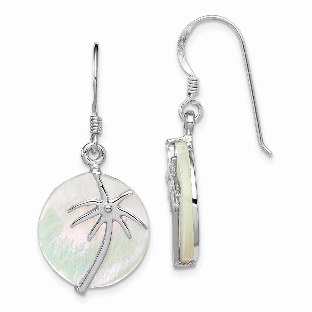 Sterling Silver Rhodium-plated Polished Round Mother of Pearl Palm Tree Earrings