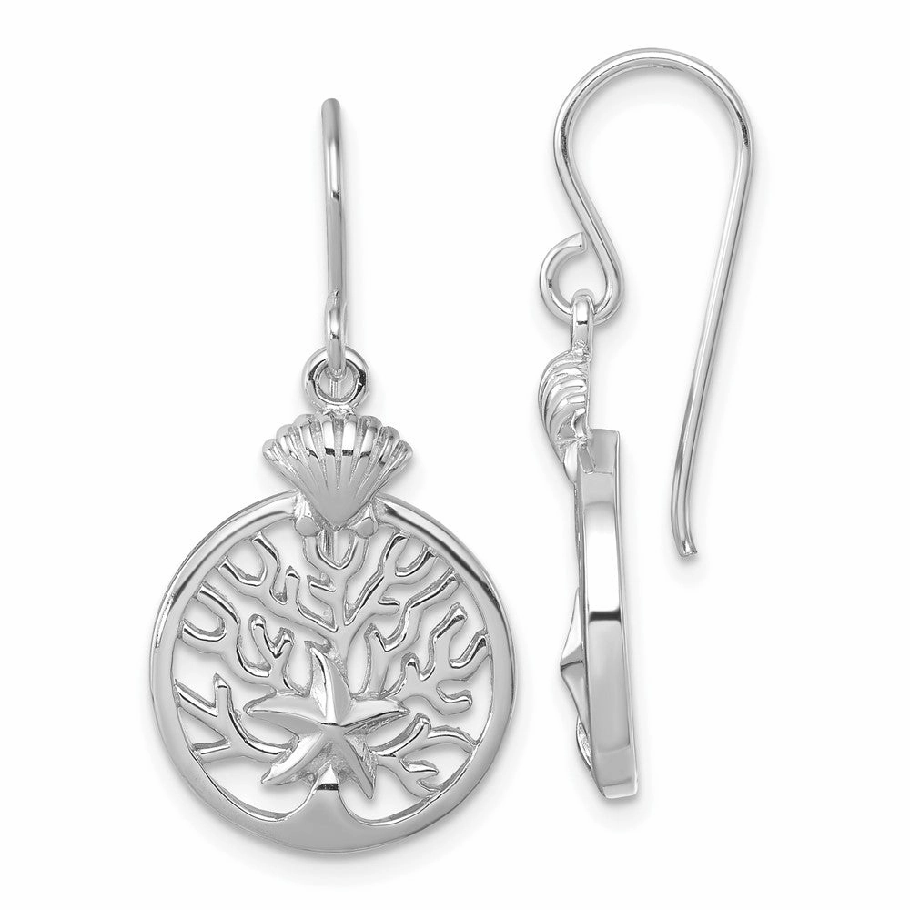 Sterling Silver Rhodium-plated Polished Starfish and Scallop Shell Reef Dangle Earring