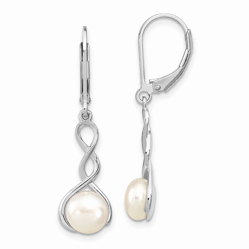 Sterling Silver Rhodium-plated Twisted 7-8mm White Button Freshwater Cultured Pearl Leverback Dangle Earrings
