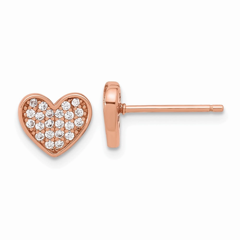 Sterling Silver Rose-tone Pav CZ Heart Post Earrings