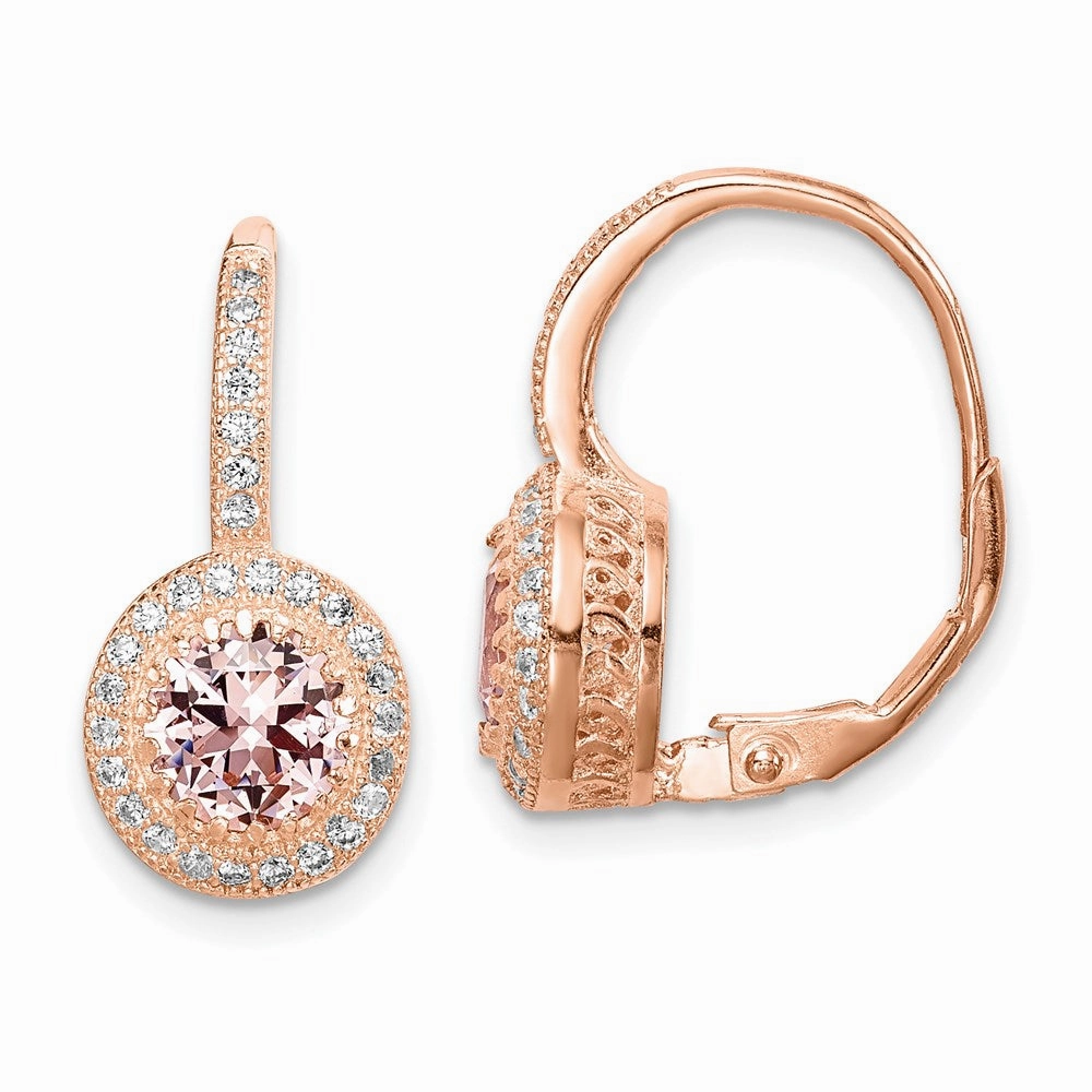 Sterling Silver Rose-tone Polished Pink Crystal/CZ Halo Leverback Earrings