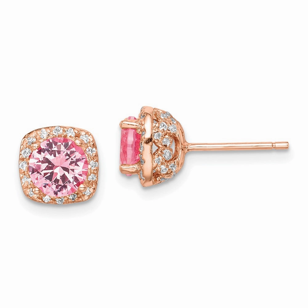 Sterling Silver Rose-tone Square Pink Crystal Center and CZ Post Earrings