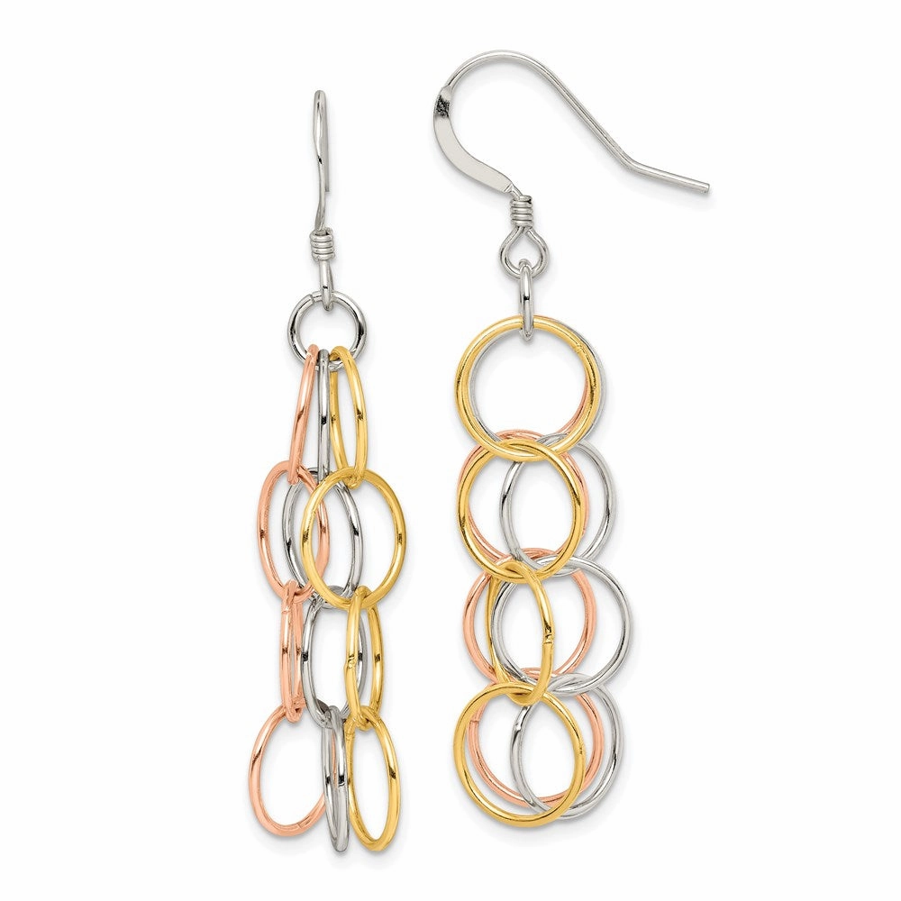 Sterling Silver w/ Tri-color Vermeil Polished Circle Link Dangle Earrings