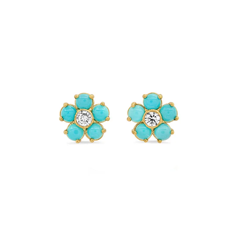 Turquoise Flower Studs with Diamond Center