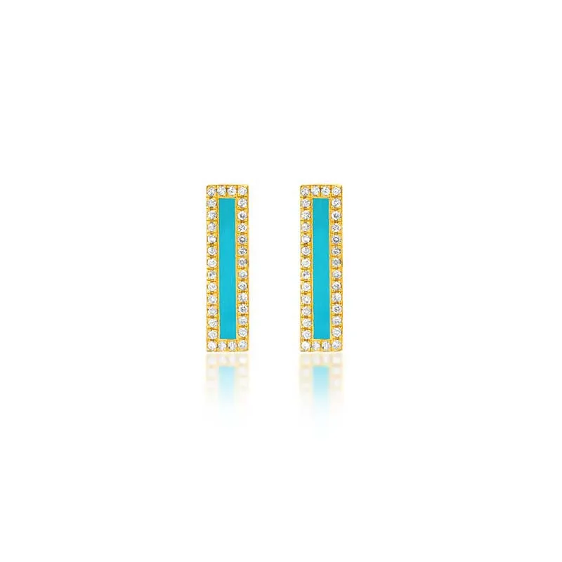 Turquoise Inlay Long Bar Studs with Diamonds