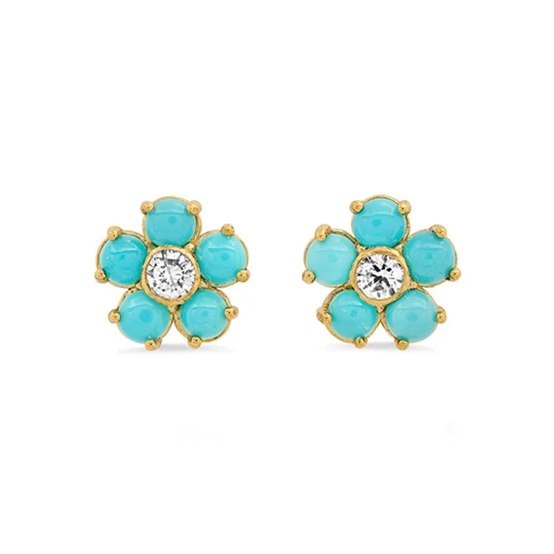 Turquoise Large Flower Studs with Diamond Center