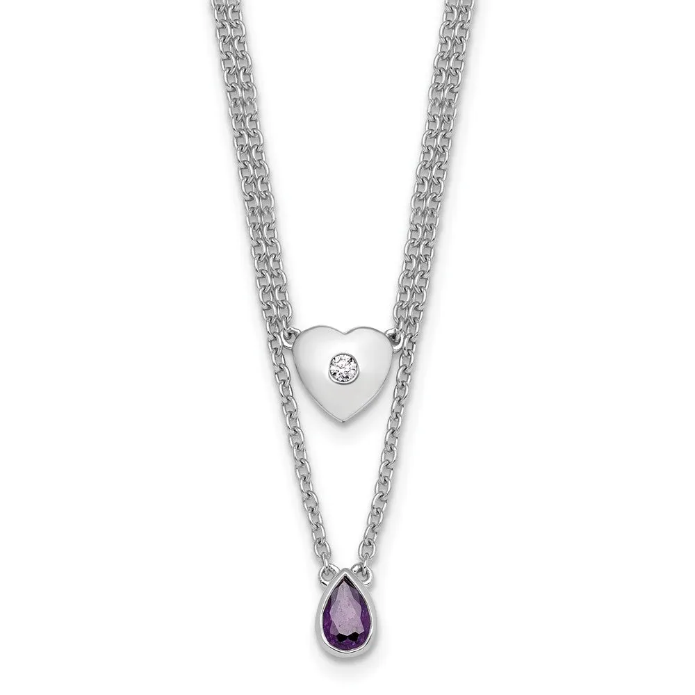 White Ice Sterling Silver Rhodium-plated 18 inch Diamond Heart and Amethyst Teardrop Necklace plus 2 inch Extender