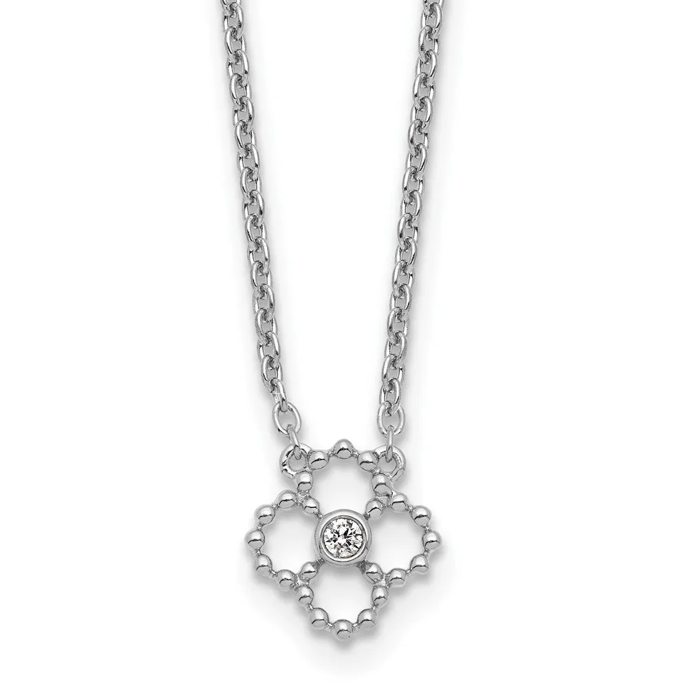 White Ice Sterling Silver Rhodium Plated Beaded Diamond Quatrefoil 18in Necklace plus 2 in Extender