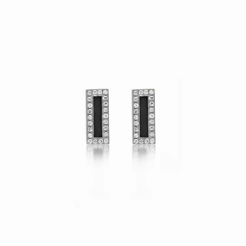 White Gold Onyx Inlay Bar Studs with Diamonds