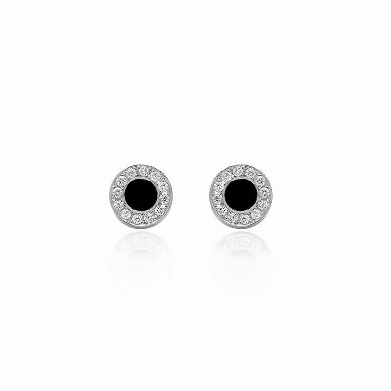 White Gold Onyx Inlay Circle Studs with Diamonds