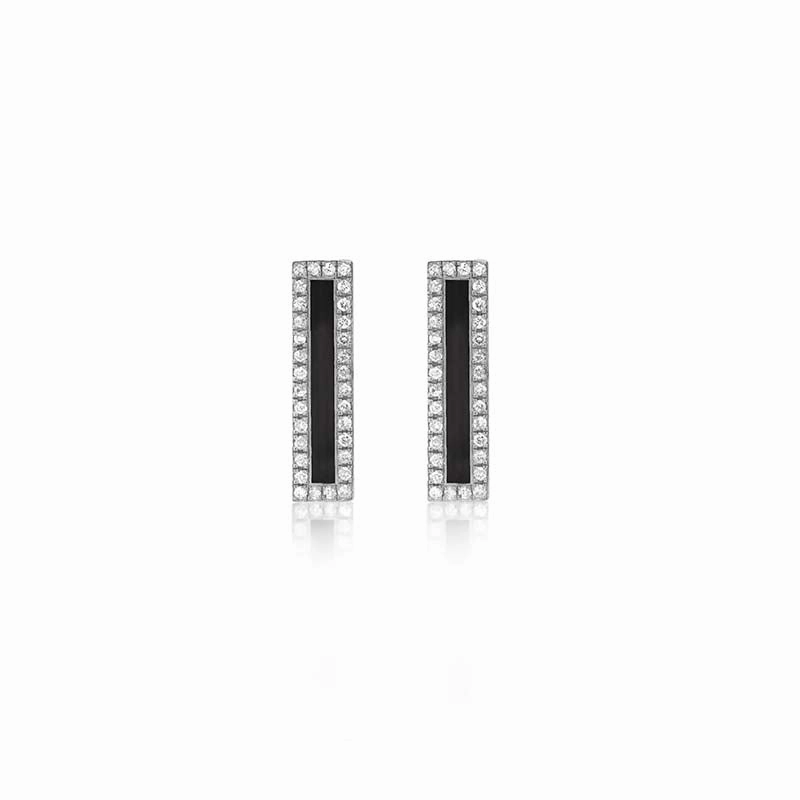 White Gold Onyx Inlay Long Bar Studs with Diamonds